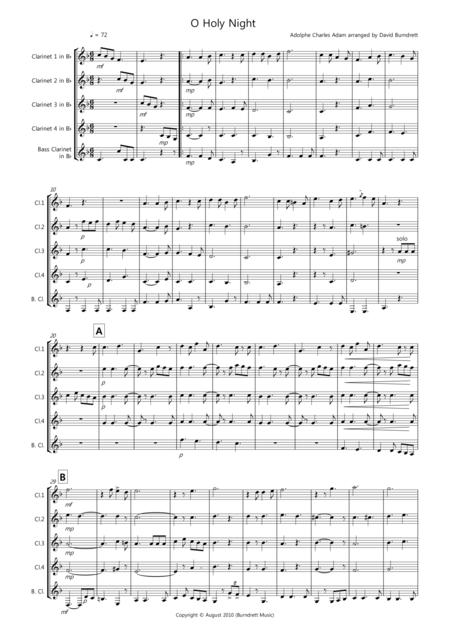 O Holy Night For Clarinet Quintet Sheet Music