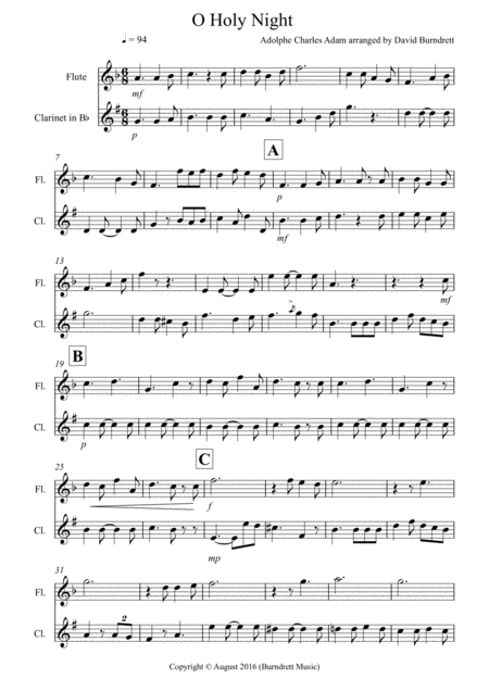 Free Sheet Music O Holy Night For Flute And Clarinet Duet