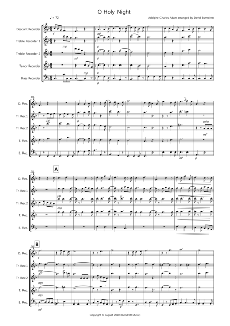 O Holy Night For Recorder Quintet Sheet Music