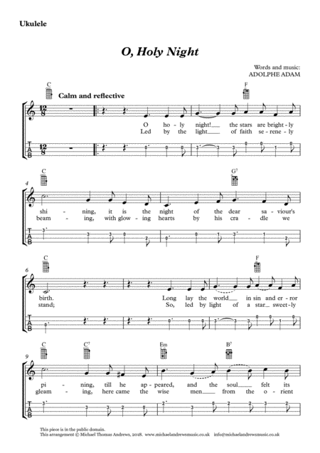 Free Sheet Music O Holy Night For Ukulele With Tab