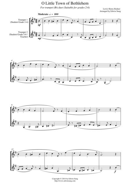 Free Sheet Music O Little Town Of Bethlehem For Trumpet Bb Duet Suitable For Grades 2 6