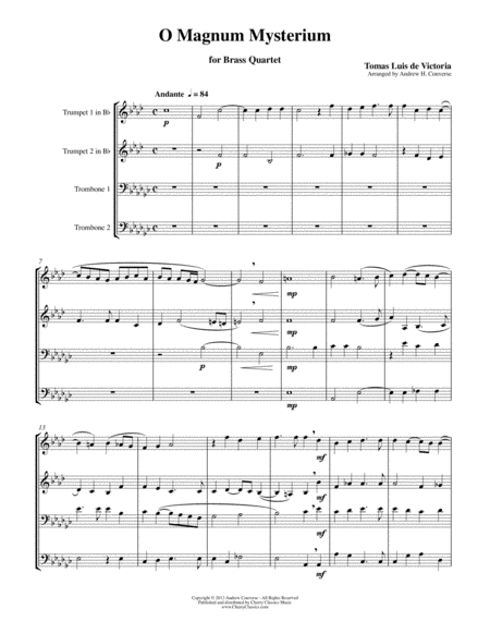 Free Sheet Music O Magnum Mysterium Renaissance Christmas Motet For Brass Quartet