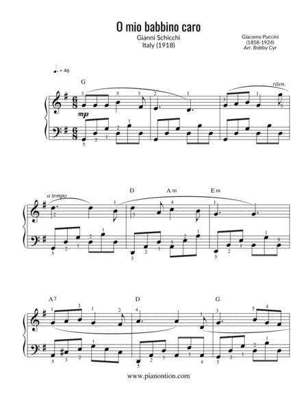 O Mio Babbino Caro Giacomo Puccini Piano Solo Sheet Music