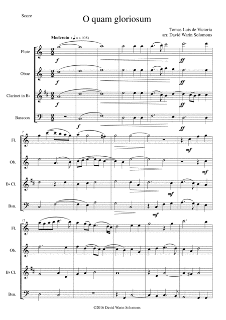 Free Sheet Music O Quam Gloriosum Oh How Glorious For Wind Quartet