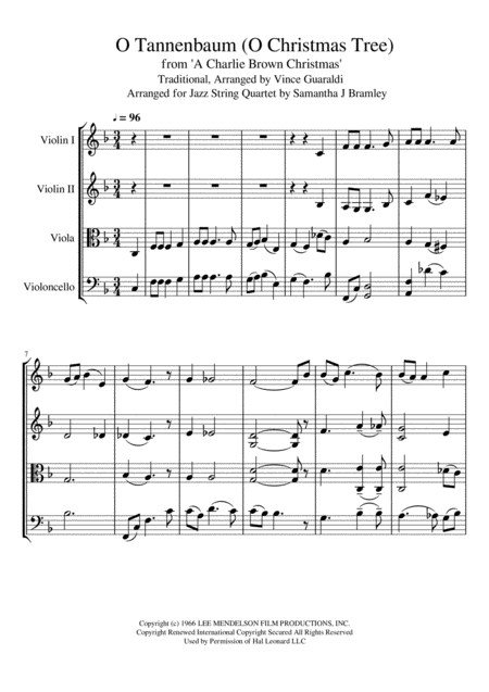 Free Sheet Music O Tannenbaum From A Charlie Brown Christmas For String Quartet