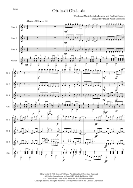 Ob La Di Ob La Da For Flute Trio And Guitar Sheet Music