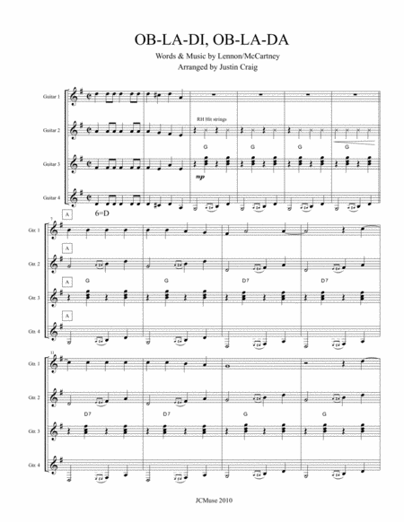 Free Sheet Music Ob La Di Ob La Da For Guitar Quartet