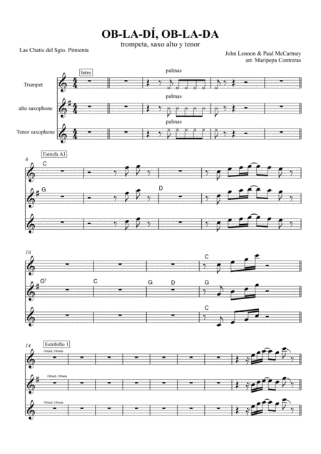 Free Sheet Music Ob La Di Ob La Da Wind Section Alto Tenor Saxophone And Trumpet