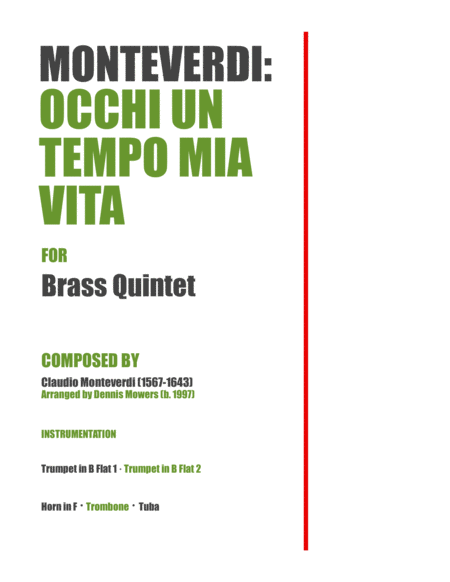 Occhi Un Tempo Mia Vita For Brass Quintet Claudio Monteverdi Sheet Music