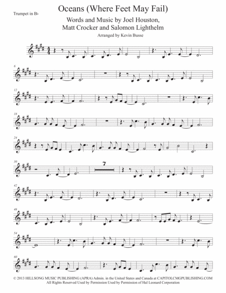 Free Sheet Music Oceans Original Key Trumpet