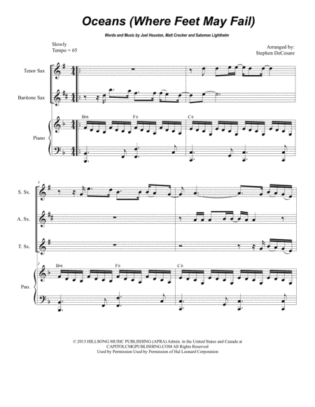 Oceans Where Feet May Fail For Saxophone Quartet Sheet Music