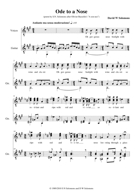 Ode To A Nose For Three Voices And Guitar Sheet Music