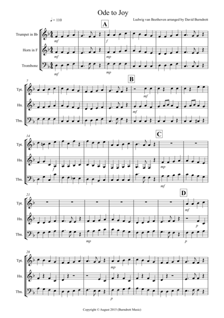 Ode To Joy For Brass Trio Sheet Music