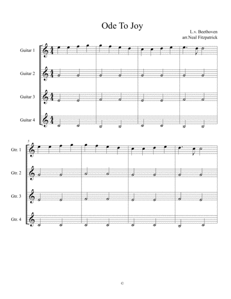 Ode To Joy For Guitar Quartet Beginner Level Sheet Music