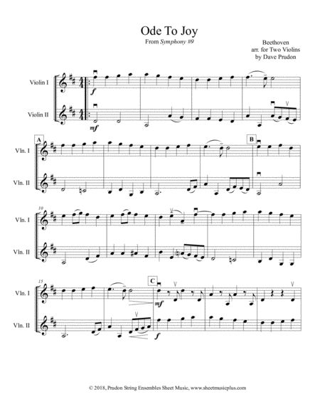 Free Sheet Music Ode To Joy For Two Violins