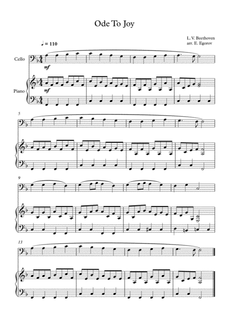 Free Sheet Music Ode To Joy Ludwig Van Beethoven For Cello Piano