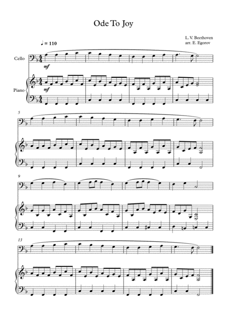 Ode To Joy Ludwig Van Beethoven For Cello Piano Sheet Music