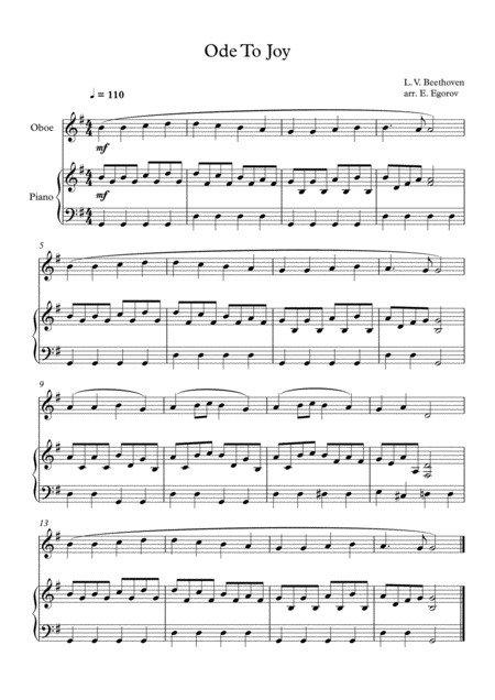 Ode To Joy Ludwig Van Beethoven For Oboe Piano Sheet Music