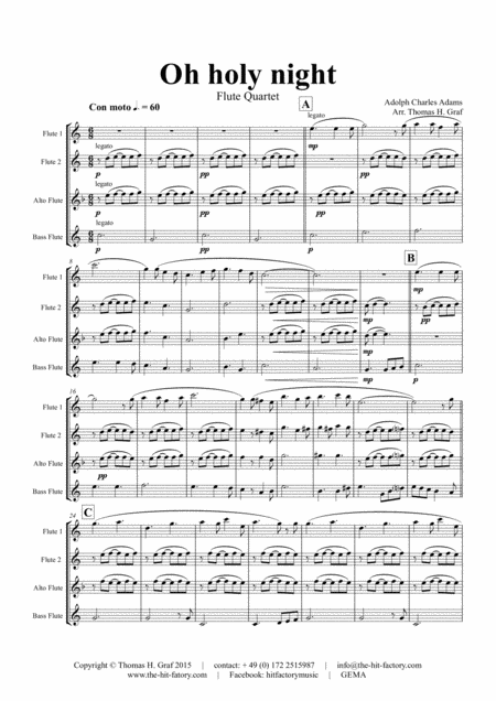 Oh Holy Night Cantique De Nol Christmas Song Flute Quartet Sheet Music