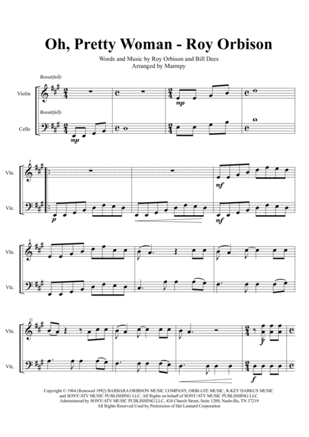 Oh Pretty Woman Roy Orbison Arranged For String Duet Sheet Music