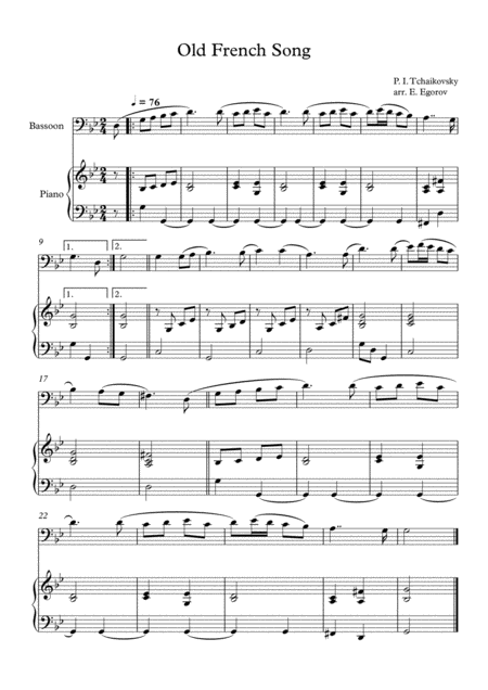 Old French Song Peter Ilyich Tchaikovsky For Bassoon Piano Sheet Music