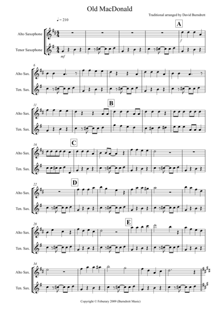 Free Sheet Music Old Macdonald For Alto And Tenor Saxophone Duet