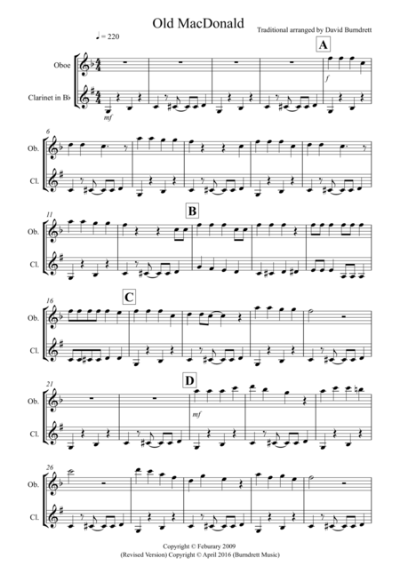 Old Macdonald For Oboe And Clarinet Duet Sheet Music