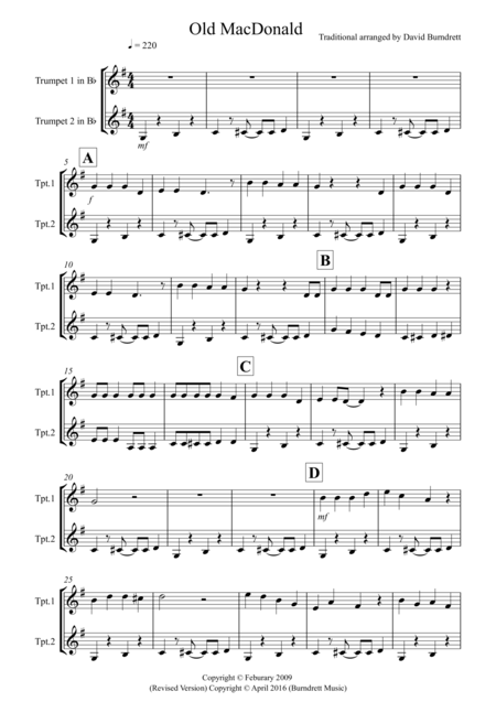 Old Macdonald For Trumpet Duet Sheet Music