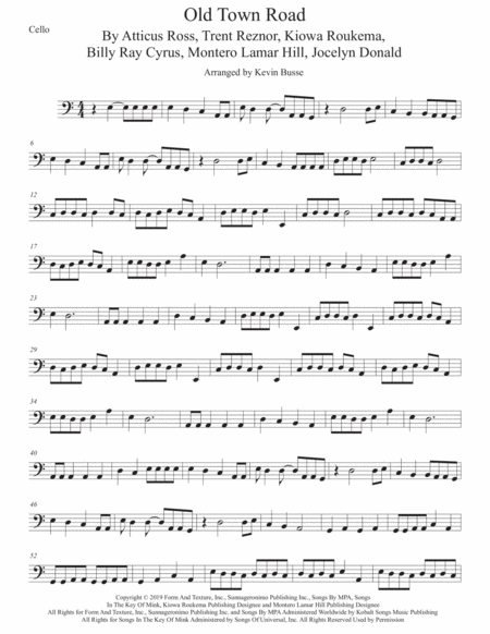 Old Town Road Cello Easy Key Of C Sheet Music