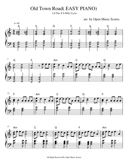 Old Town Road Easy Piano Sheet Music