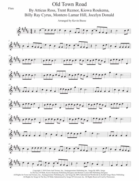 Old Town Road Flute Original Key Sheet Music