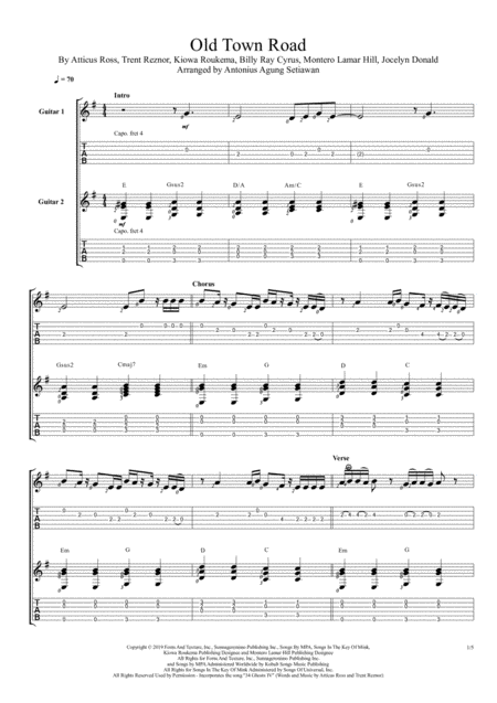 Free Sheet Music Old Town Road Remix Duet Guitar Tablature