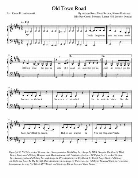 Old Town Road Remix Easy Piano Original Key Sheet Music