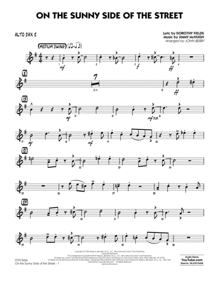 On The Sunny Side Of The Street Arr John Berry Alto Sax 2 Sheet Music