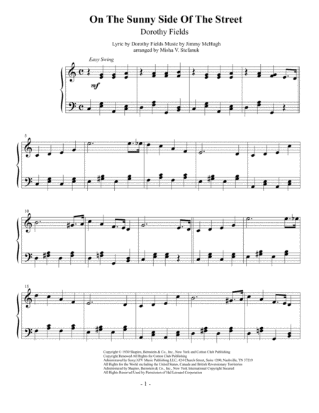 On The Sunny Side Of The Street Easy Piano Sheet Music