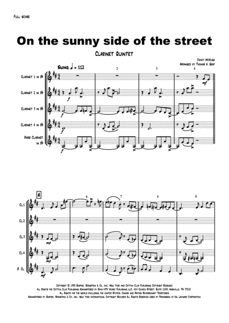 On The Sunny Side Of The Street Jazz Classic Clarinet Quintet Sheet Music