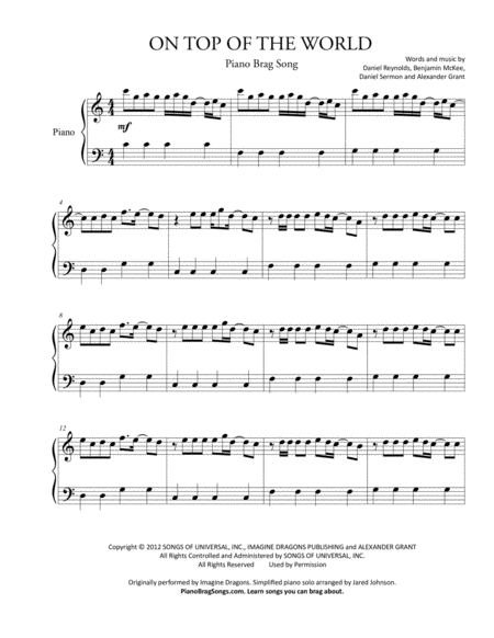 On Top Of The World Short Piano Solo Imagine Dragons Sheet Music
