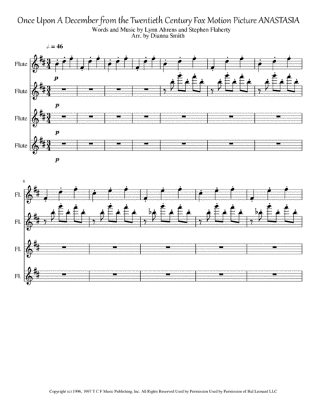 Once Upon A December From Anastasia Flute Quartet Sheet Music