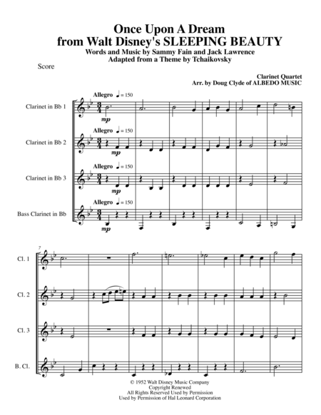 Free Sheet Music Once Upon A Dream From Walt Disneys Sleeping Beauty For Clarinet Quartet