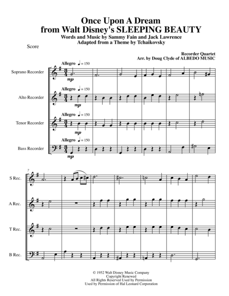 Free Sheet Music Once Upon A Dream From Walt Disneys Sleeping Beauty For Recorder Quartet