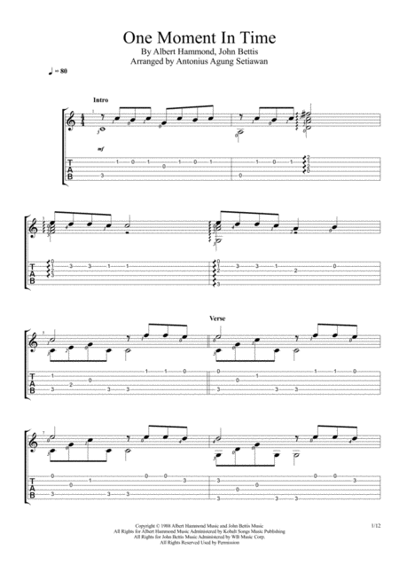 Free Sheet Music One Moment In Time Fingerstyle Guitar Solo