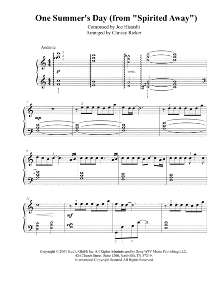 Free Sheet Music One Summers Day From Spirited Away Intermediate Piano