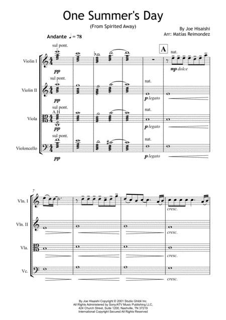 One Summers Day String Quartet Sheet Music