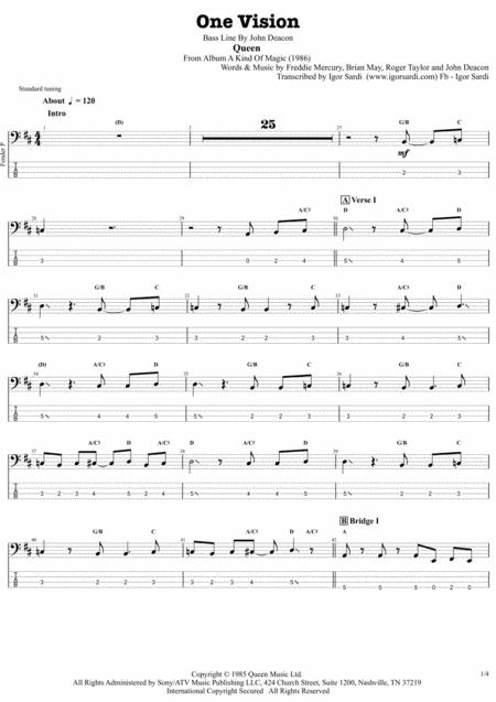 Free Sheet Music One Vision Queen John Deacon Complete And Accurate Bass Transcription Whit Tab