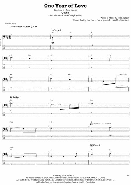 One Year Of Love Queen John Deacon Complete And Accurate Bass Transcription Whit Tab Sheet Music