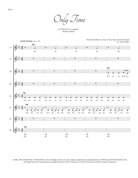 Free Sheet Music Only Time Enya Ssaa Double Quartet A Cappella