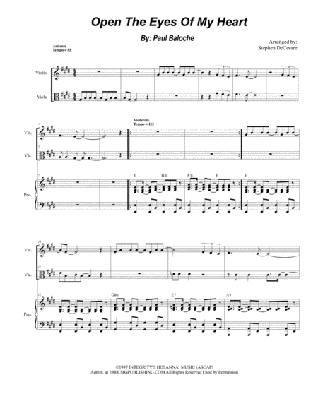 Open The Eyes Of My Heart Duet For Violin And Viola Alternate Version Sheet Music