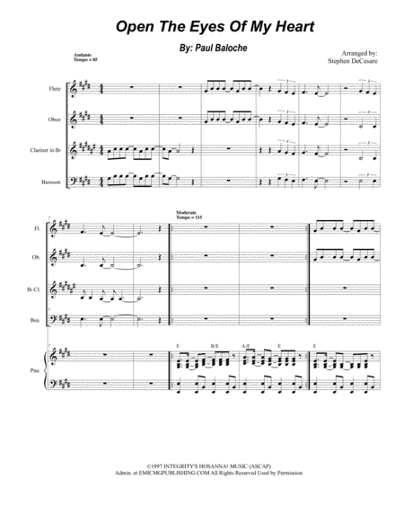 Free Sheet Music Open The Eyes Of My Heart For Woodwind Quartet And Piano