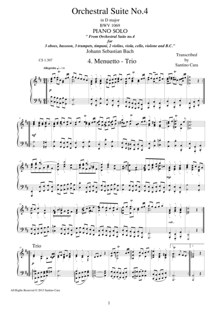 Free Sheet Music Orchestral Suite No 4 In D Major 4 Menuetto Trio Piano Version