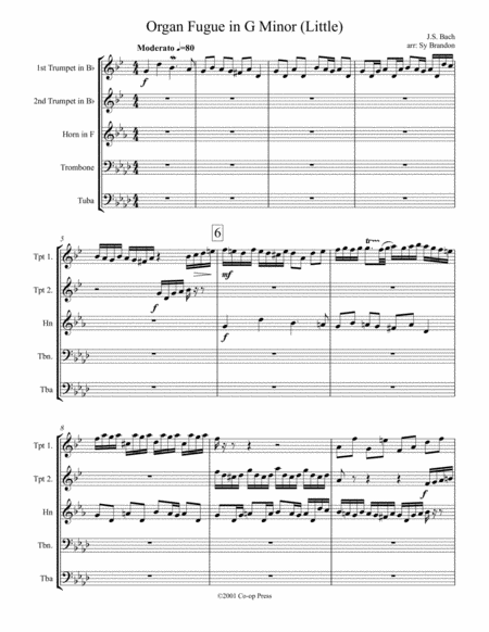 Organ Fugue In G Minor Little For Brass Quintet Sheet Music